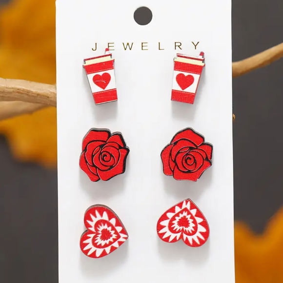 Red Rose and Heart Earrings Set - Picture 1 of 3
